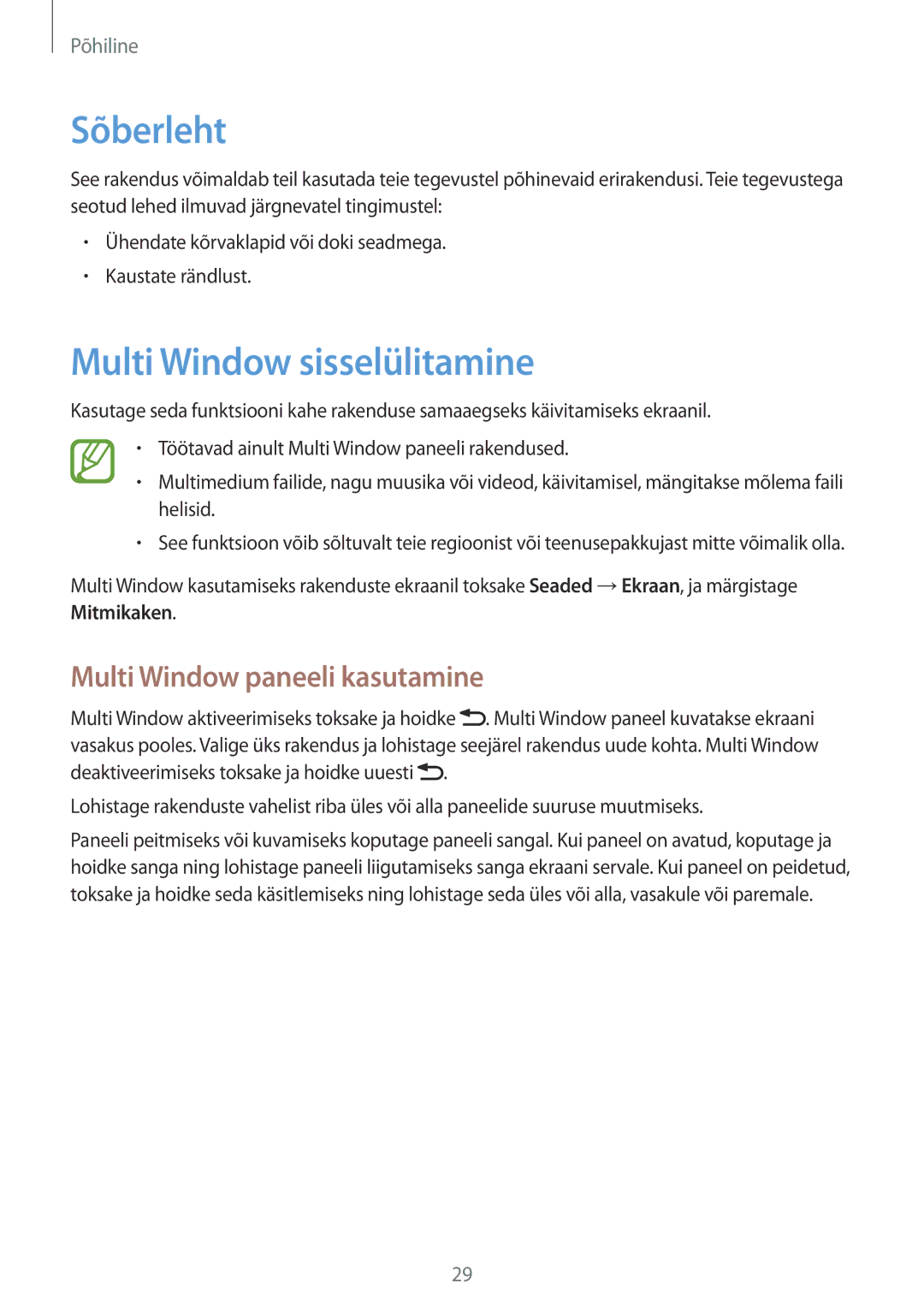 Samsung GT-I9082MBASEB, GT-I9082EWASEB manual Sõberleht, Multi Window sisselülitamine, Multi Window paneeli kasutamine 