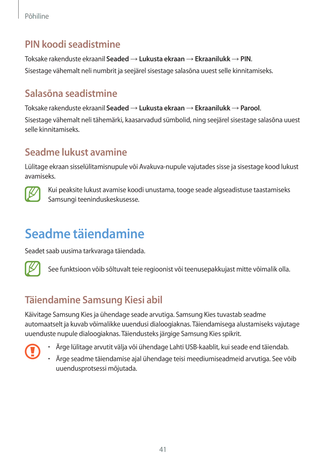 Samsung GT-I9082MBASEB manual Seadme täiendamine, PIN koodi seadistmine, Salasõna seadistmine, Seadme lukust avamine 