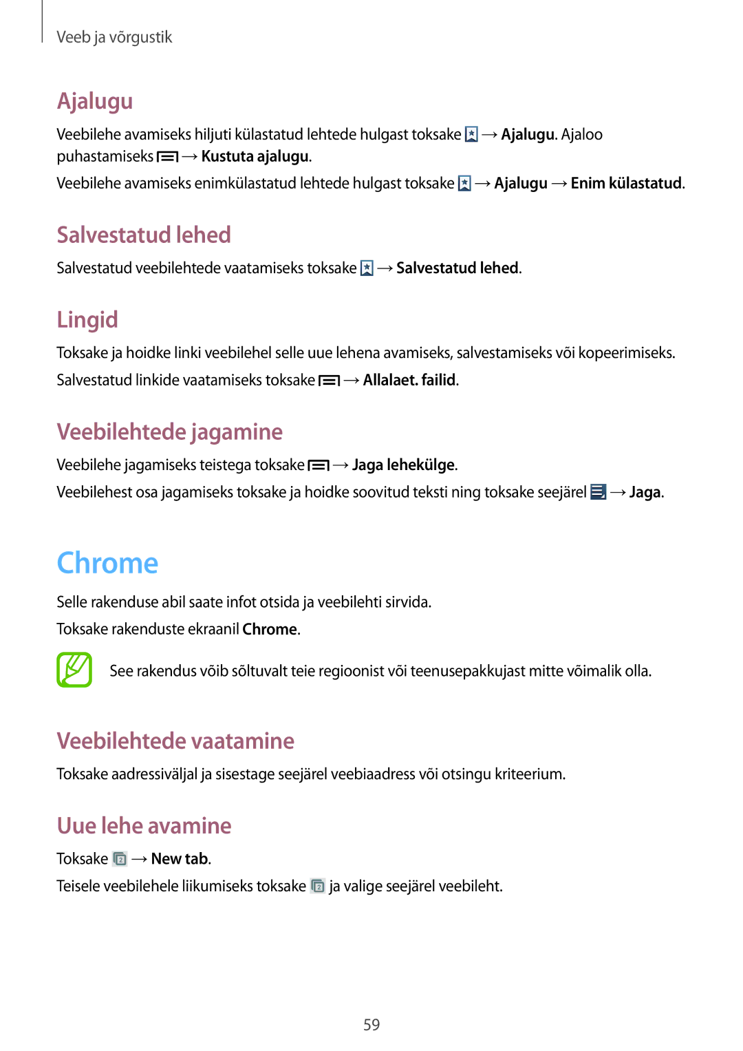 Samsung GT-I9082MBASEB, GT-I9082EWASEB manual Chrome, Ajalugu, Salvestatud lehed, Lingid, Veebilehtede jagamine 