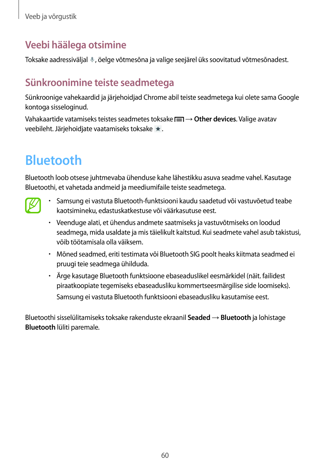 Samsung GT-I9082EWASEB, GT-I9082MBASEB manual Bluetooth, Sünkroonimine teiste seadmetega 