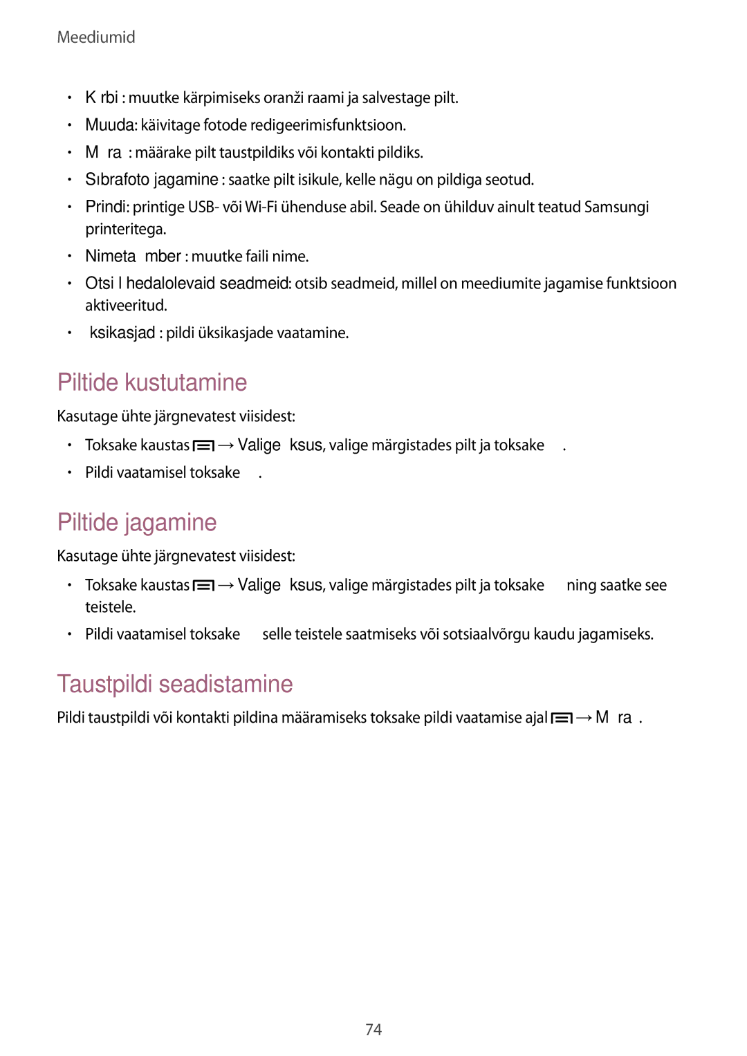 Samsung GT-I9082EWASEB, GT-I9082MBASEB manual Piltide kustutamine, Piltide jagamine 