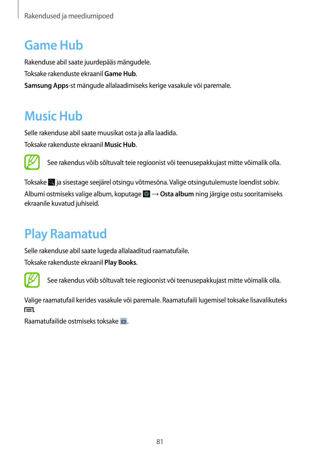Samsung GT-I9082MBASEB, GT-I9082EWASEB manual Game Hub, Music Hub, Play Raamatud 
