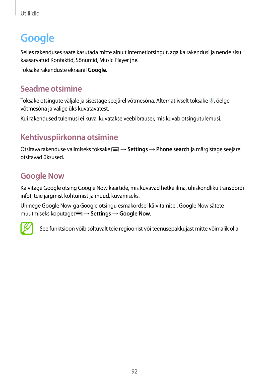 Samsung GT-I9082EWASEB, GT-I9082MBASEB manual Seadme otsimine, Kehtivuspiirkonna otsimine, Google Now 