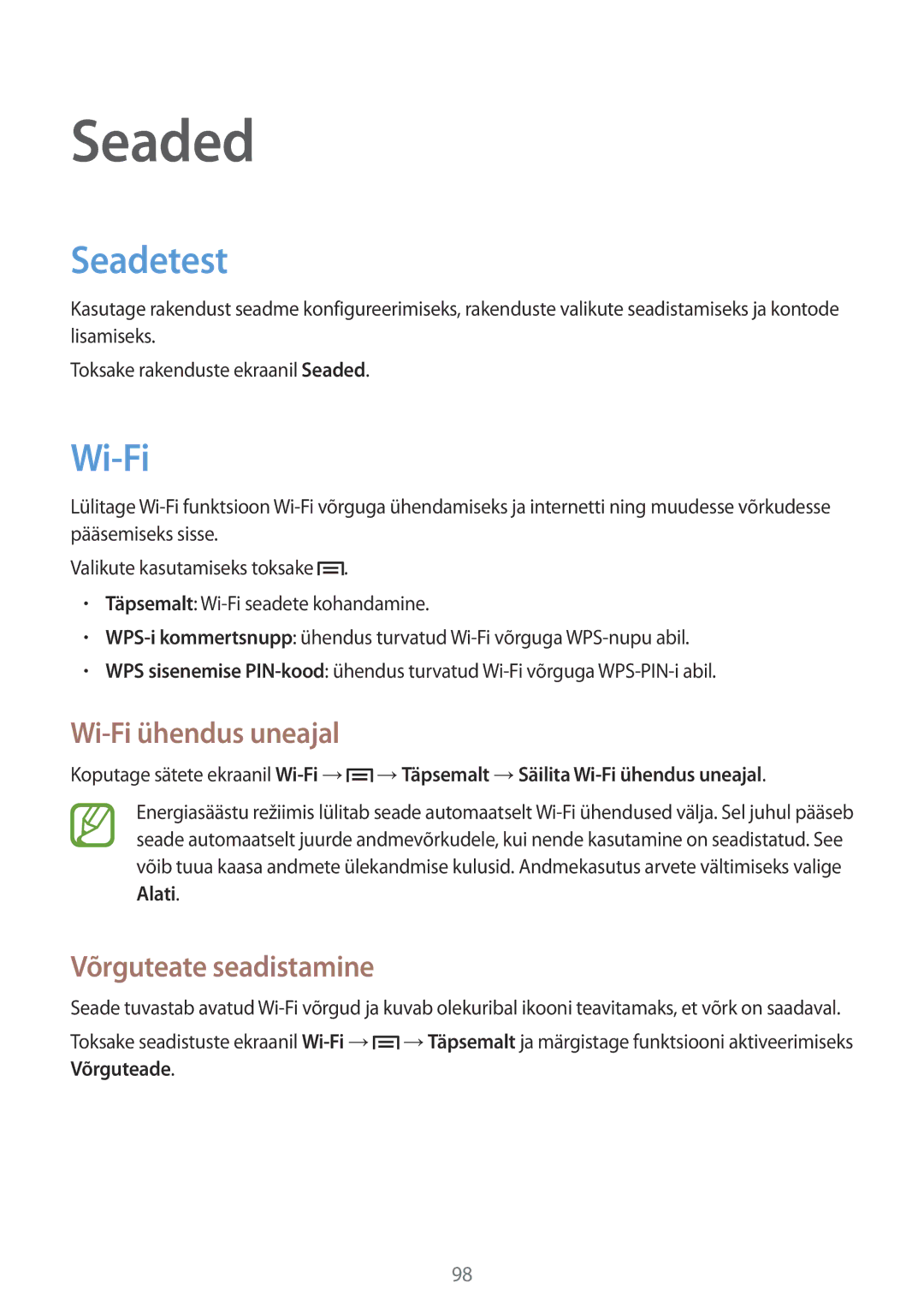 Samsung GT-I9082EWASEB, GT-I9082MBASEB manual Seaded, Seadetest, Wi-Fi ühendus uneajal, Võrguteate seadistamine 