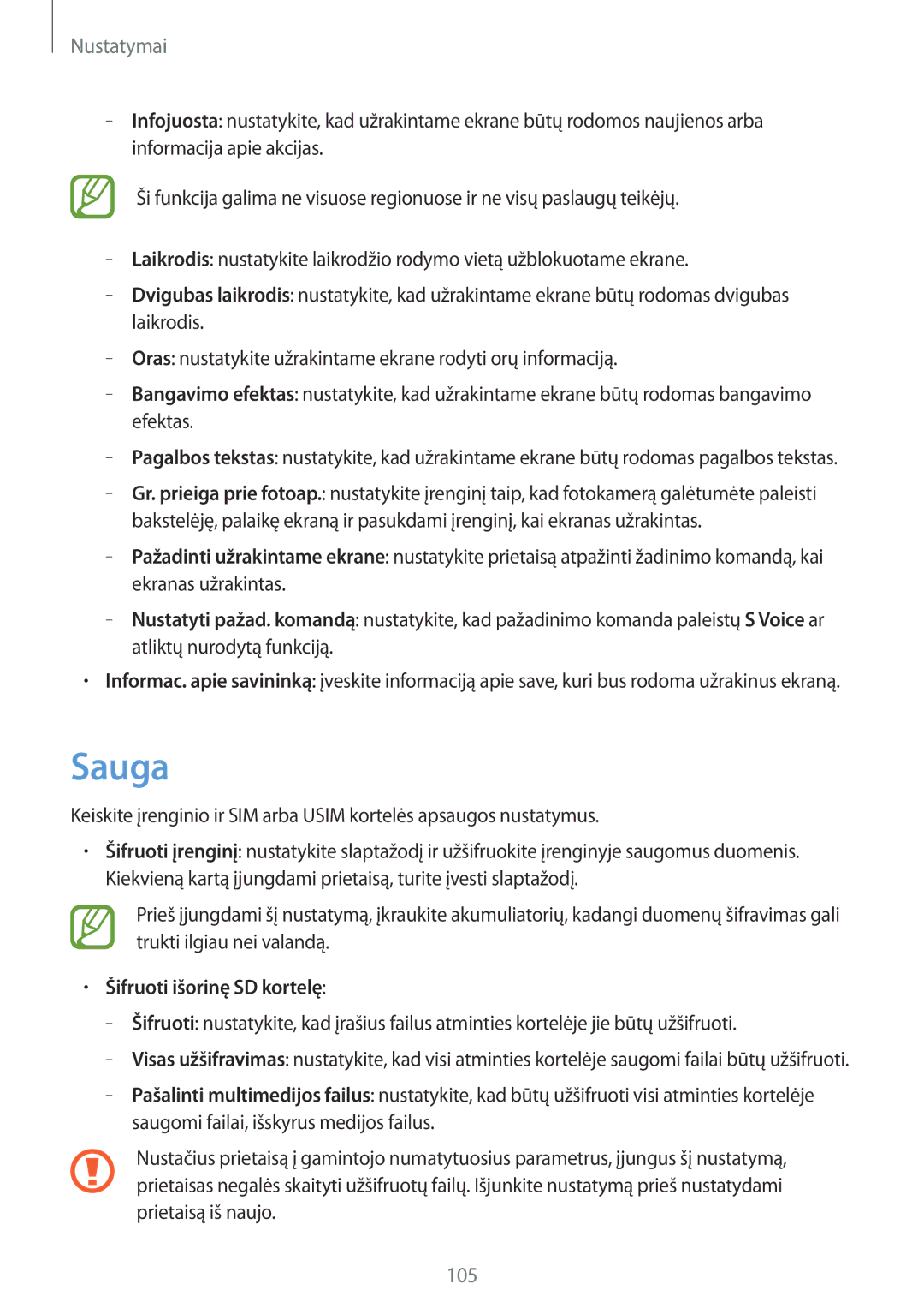 Samsung GT-I9082MBASEB, GT-I9082EWASEB manual Sauga, Šifruoti išorinę SD kortelę 