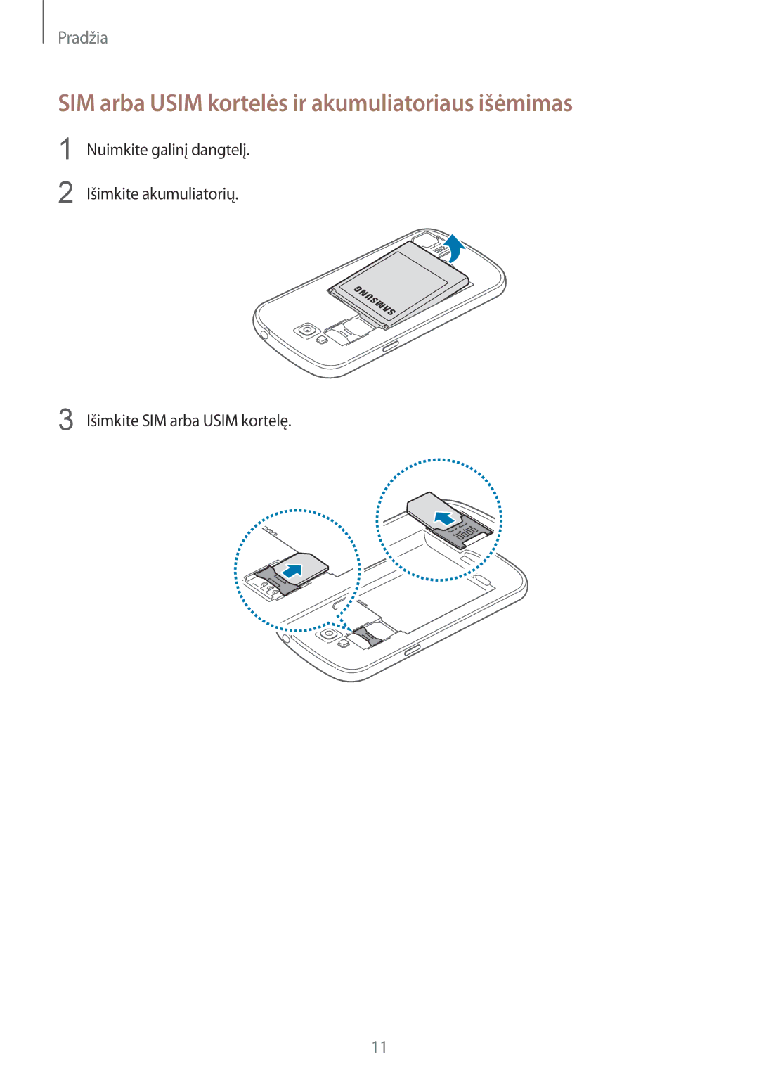 Samsung GT-I9082MBASEB, GT-I9082EWASEB manual SIM arba Usim kortelės ir akumuliatoriaus išėmimas 