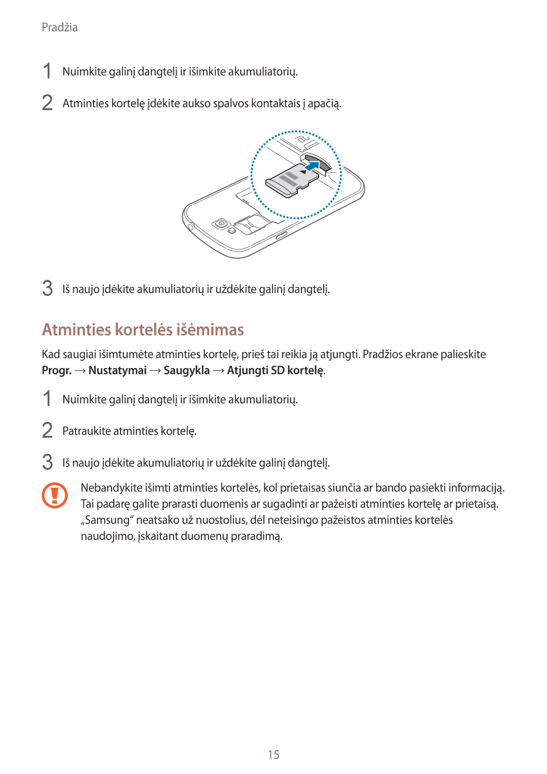 Samsung GT-I9082MBASEB, GT-I9082EWASEB manual Atminties kortelės išėmimas 