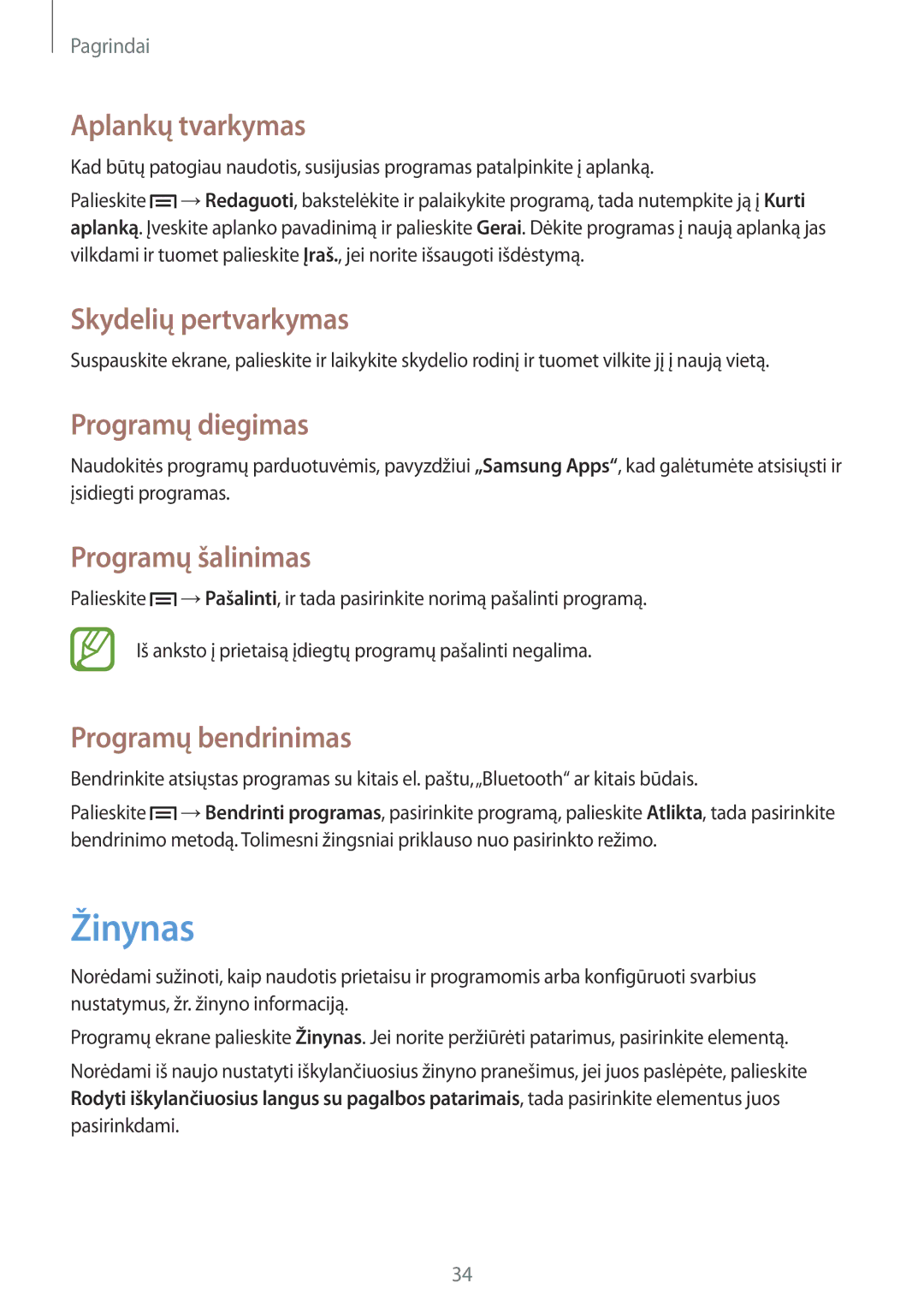 Samsung GT-I9082EWASEB manual Žinynas, Aplankų tvarkymas, Programų diegimas, Programų šalinimas, Programų bendrinimas 