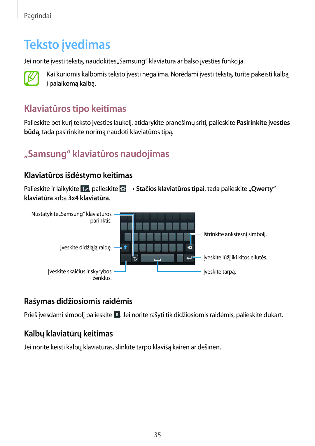 Samsung GT-I9082MBASEB, GT-I9082EWASEB manual Teksto įvedimas, Klaviatūros tipo keitimas, „Samsung klaviatūros naudojimas 