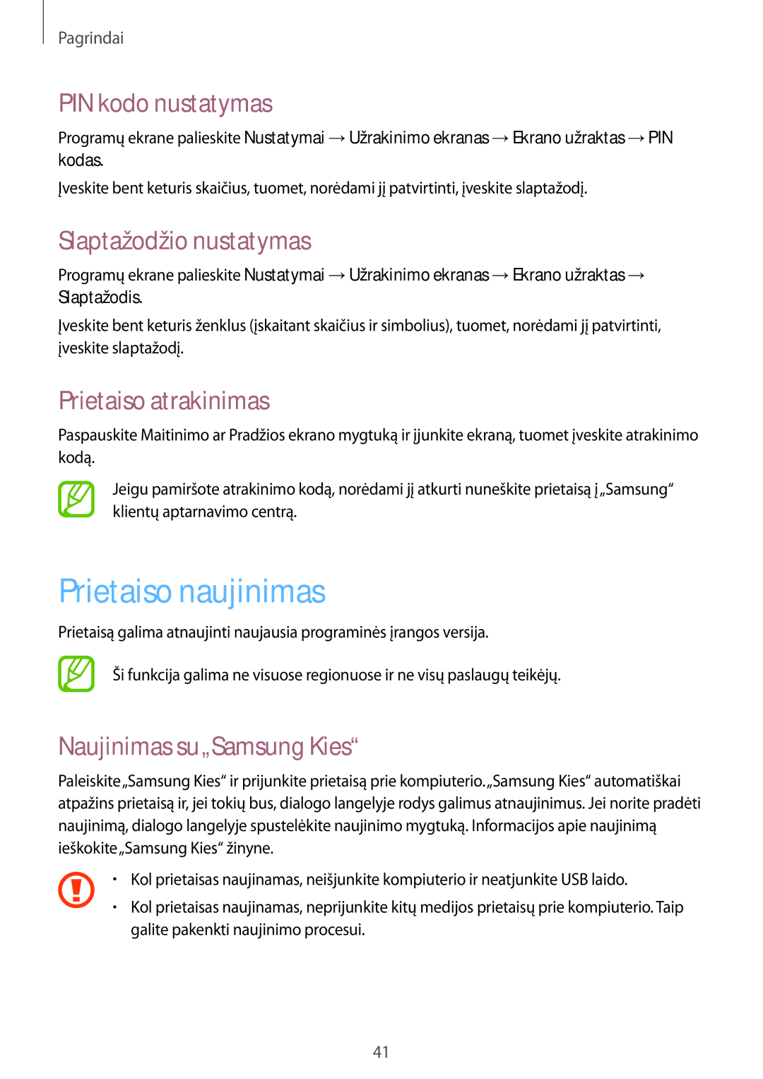 Samsung GT-I9082MBASEB manual Prietaiso naujinimas, PIN kodo nustatymas, Slaptažodžio nustatymas, Prietaiso atrakinimas 