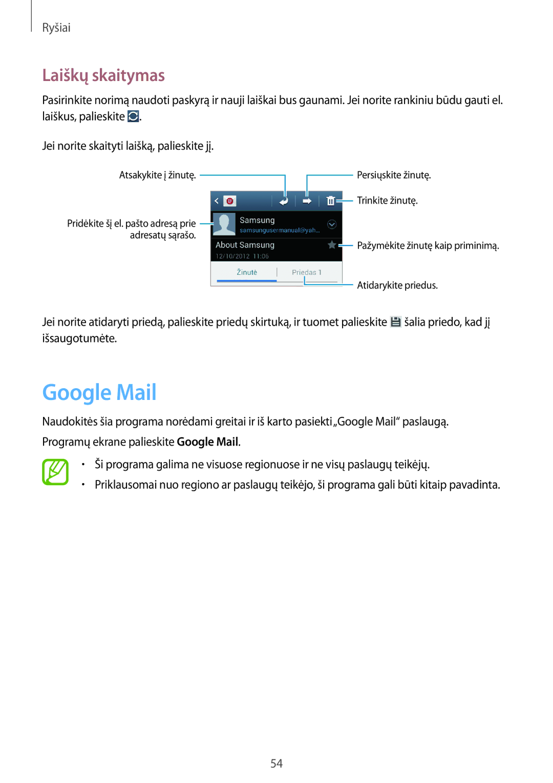 Samsung GT-I9082EWASEB, GT-I9082MBASEB manual Google Mail, Laiškų skaitymas 