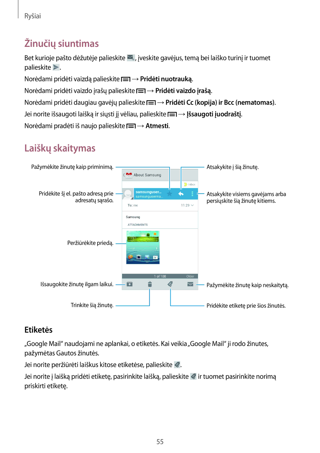 Samsung GT-I9082MBASEB, GT-I9082EWASEB Etiketės, →Pridėti nuotrauką, →Pridėti vaizdo įrašą, →Įšsaugoti įuodraštį, →Atmesti 