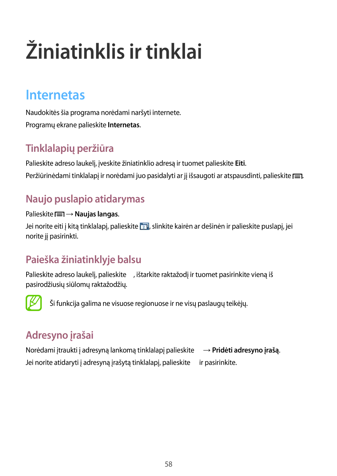 Samsung GT-I9082EWASEB manual Internetas, Tinklalapių peržiūra, Naujo puslapio atidarymas, Paieška žiniatinklyje balsu 