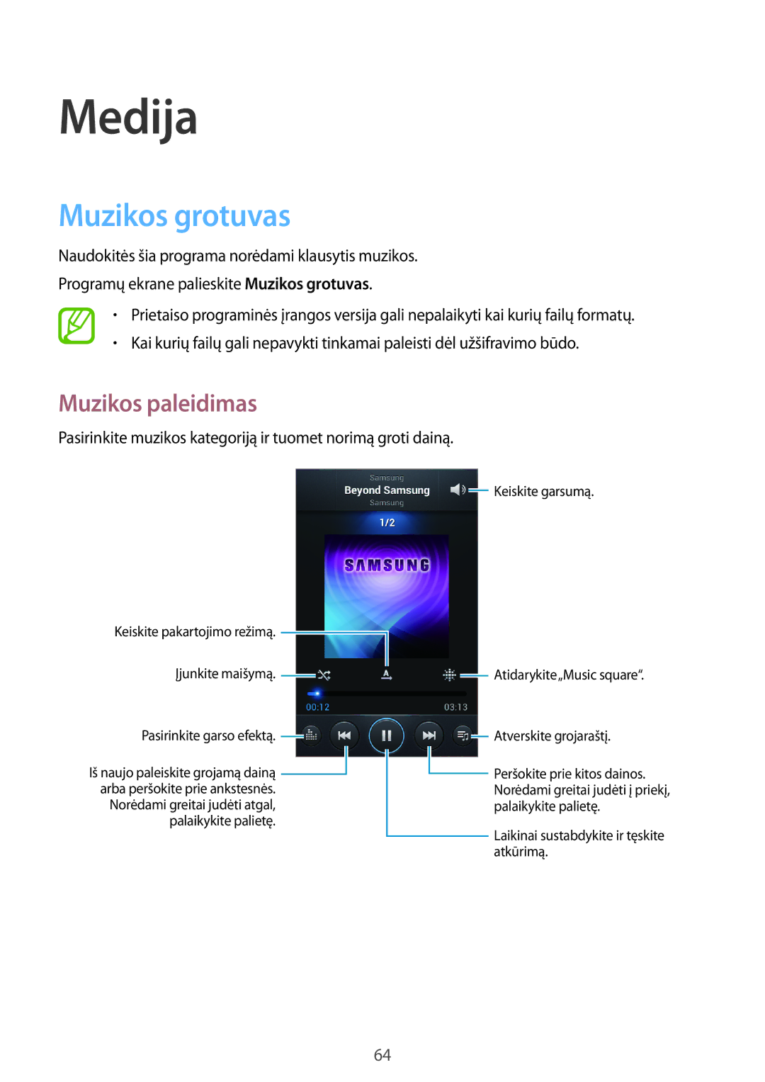 Samsung GT-I9082EWASEB, GT-I9082MBASEB manual Muzikos grotuvas, Muzikos paleidimas 