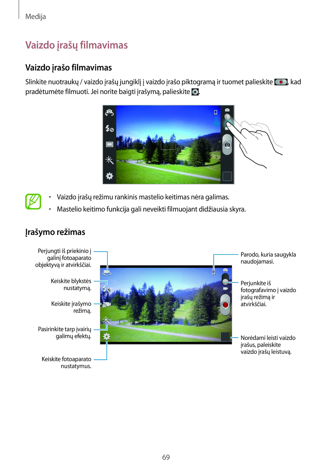 Samsung GT-I9082MBASEB, GT-I9082EWASEB manual Vaizdo įrašų filmavimas, Vaizdo įrašo filmavimas, Įrašymo režimas 