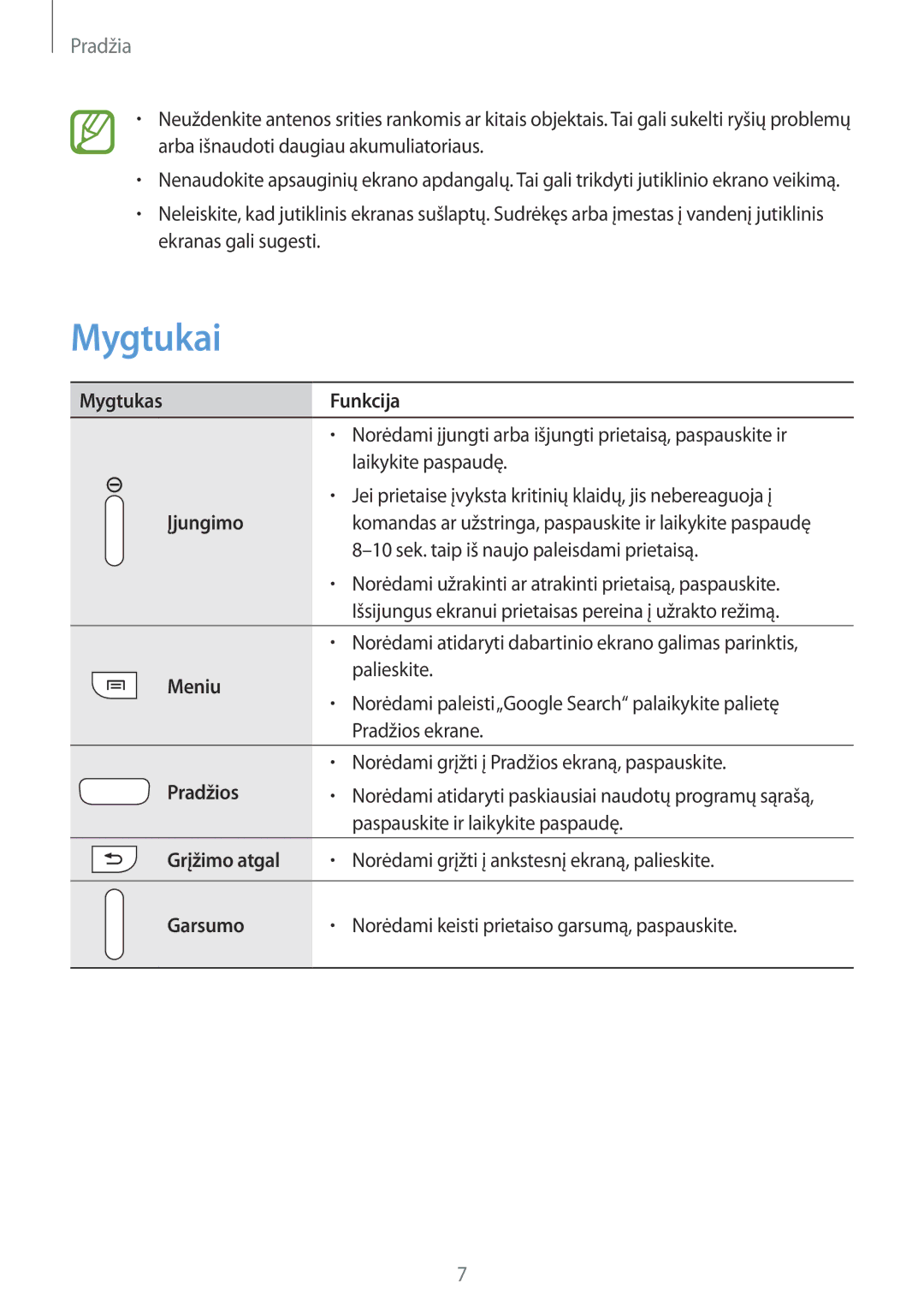 Samsung GT-I9082MBASEB, GT-I9082EWASEB manual Mygtukai 