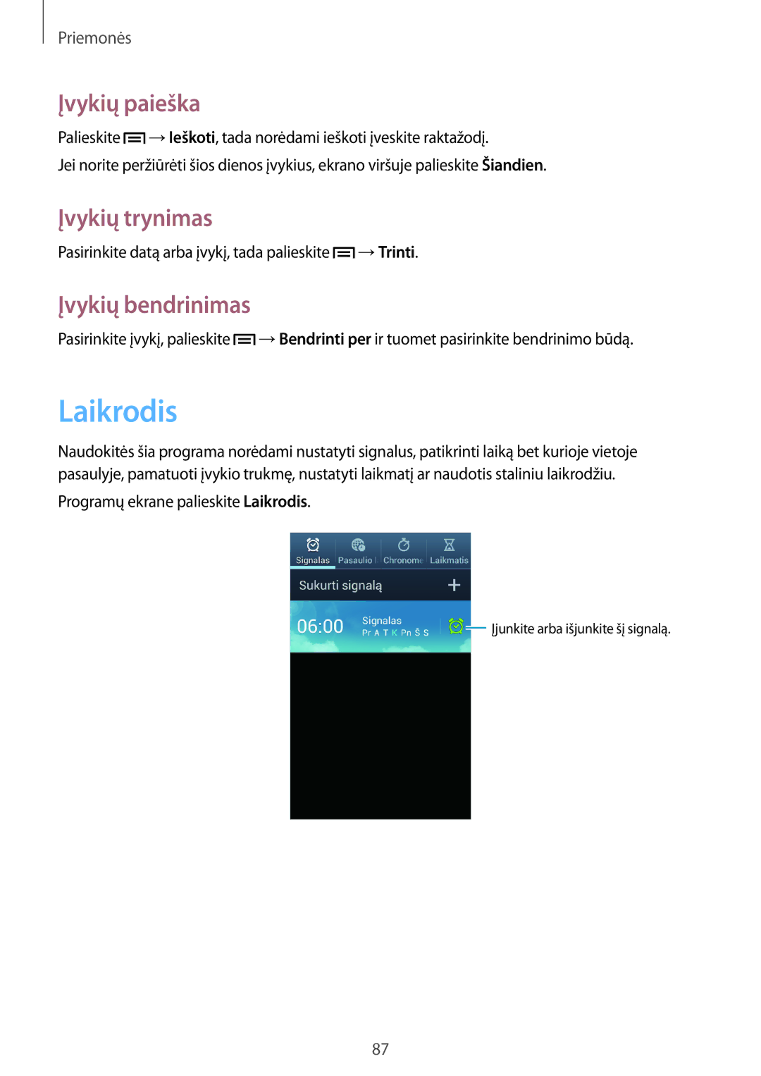 Samsung GT-I9082MBASEB, GT-I9082EWASEB manual Laikrodis, Įvykių paieška, Įvykių trynimas, Įvykių bendrinimas 