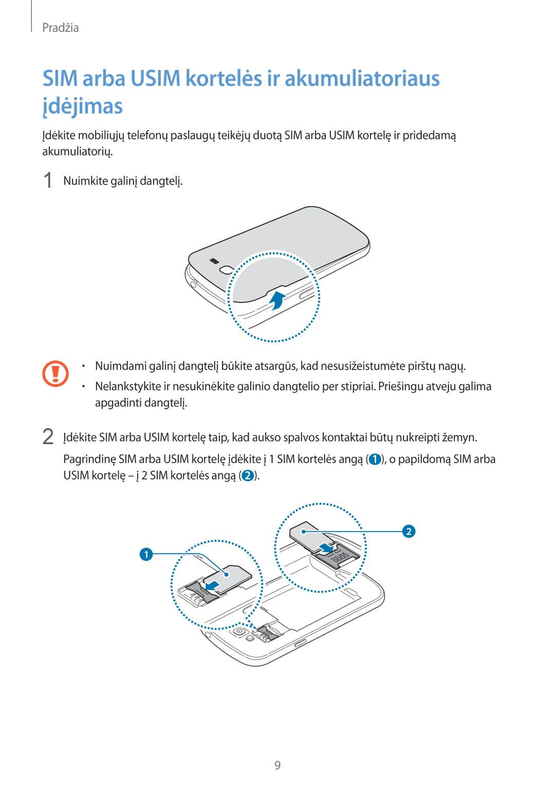Samsung GT-I9082MBASEB, GT-I9082EWASEB manual SIM arba Usim kortelės ir akumuliatoriaus įdėjimas 