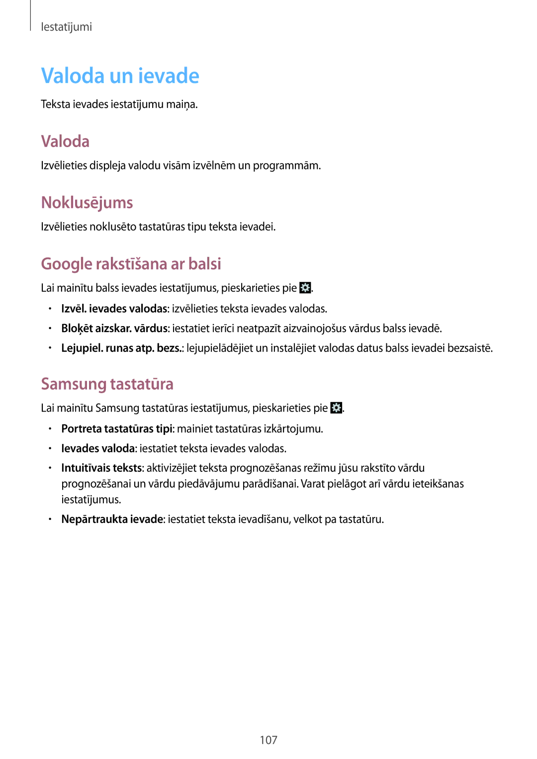 Samsung GT-I9082MBASEB, GT-I9082EWASEB manual Valoda un ievade, Noklusējums, Google rakstīšana ar balsi, Samsung tastatūra 