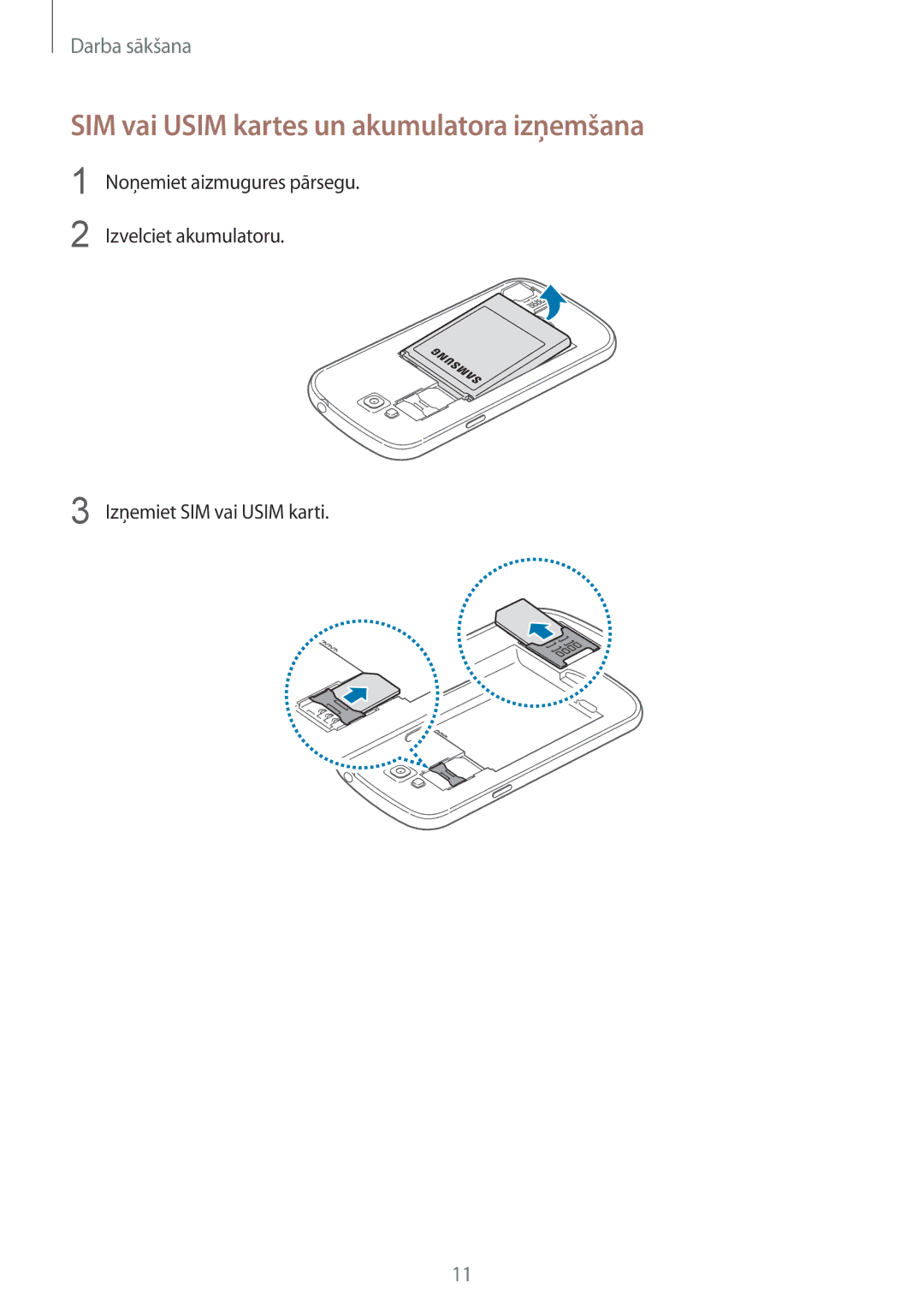 Samsung GT-I9082MBASEB, GT-I9082EWASEB manual SIM vai Usim kartes un akumulatora izņemšana 