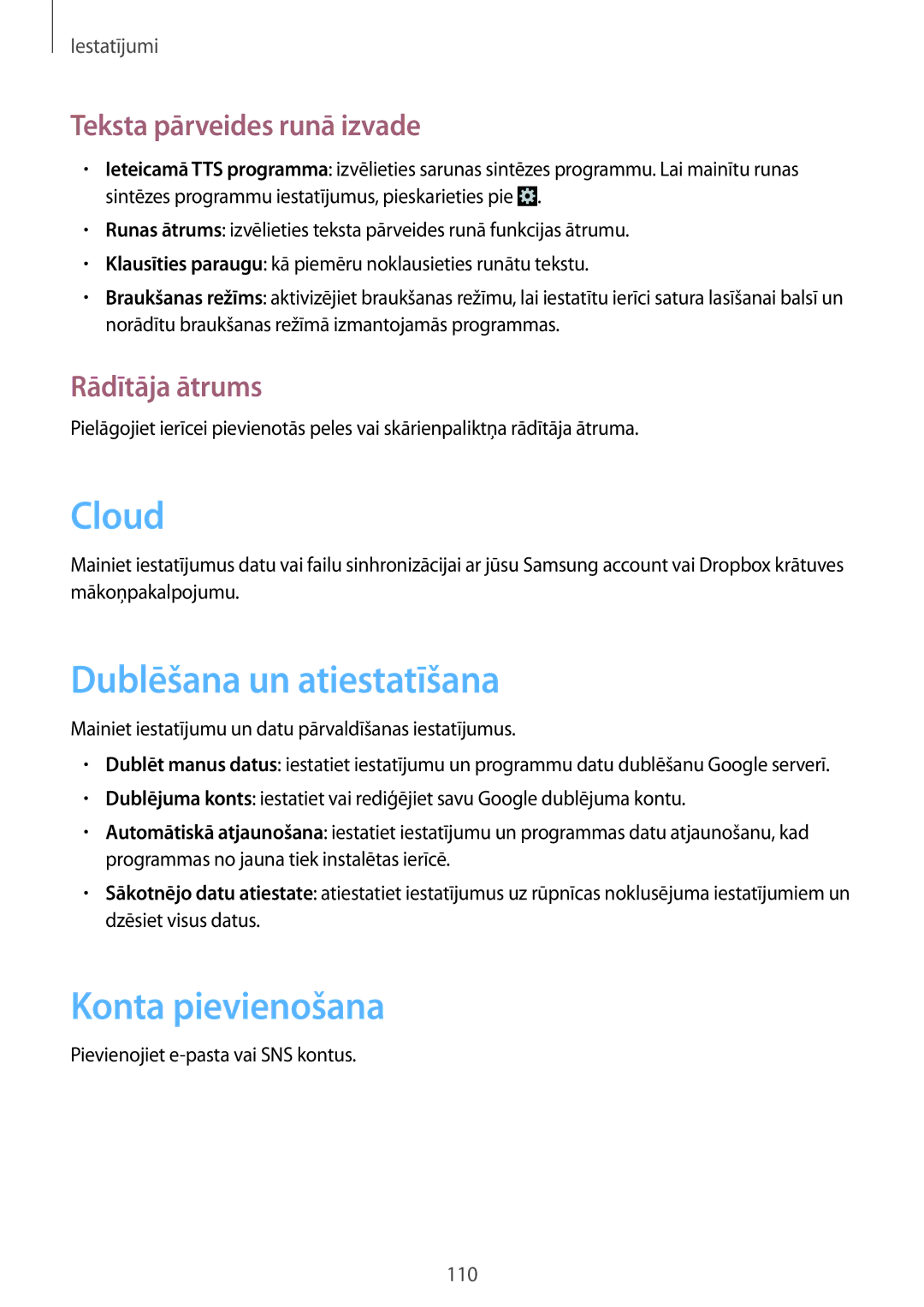 Samsung GT-I9082EWASEB, GT-I9082MBASEB Cloud, Dublēšana un atiestatīšana, Konta pievienošana, Teksta pārveides runā izvade 
