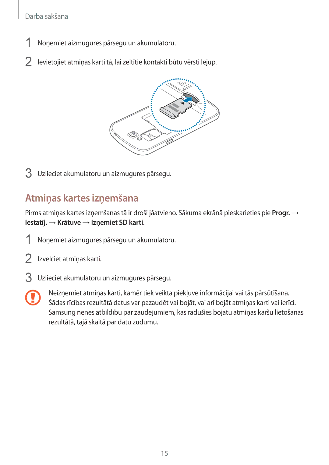 Samsung GT-I9082MBASEB, GT-I9082EWASEB manual Atmiņas kartes izņemšana 