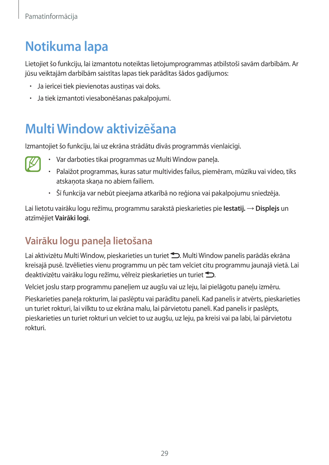 Samsung GT-I9082MBASEB, GT-I9082EWASEB manual Notikuma lapa, Multi Window aktivizēšana, Vairāku logu paneļa lietošana 