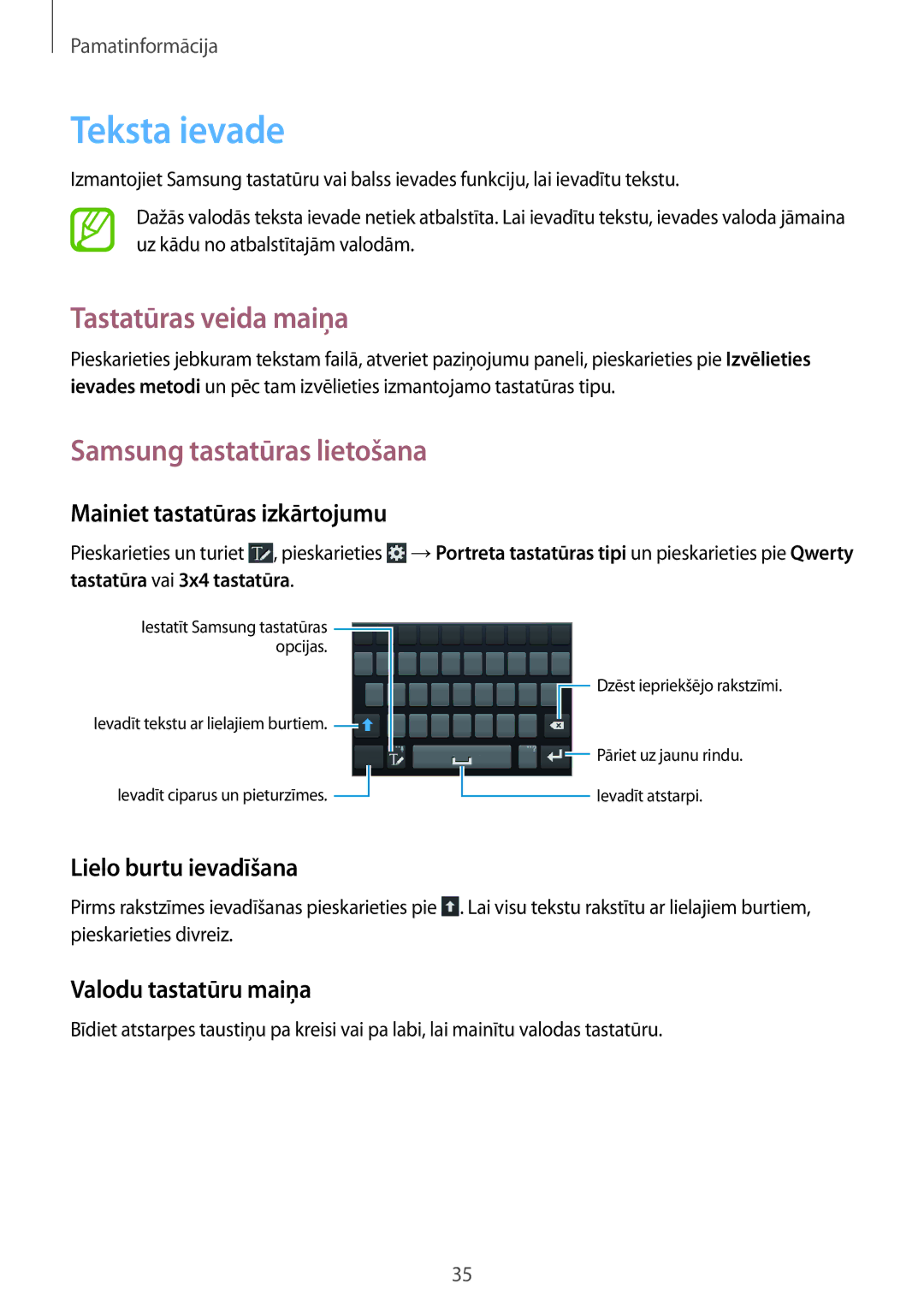 Samsung GT-I9082MBASEB, GT-I9082EWASEB manual Teksta ievade, Tastatūras veida maiņa, Samsung tastatūras lietošana 