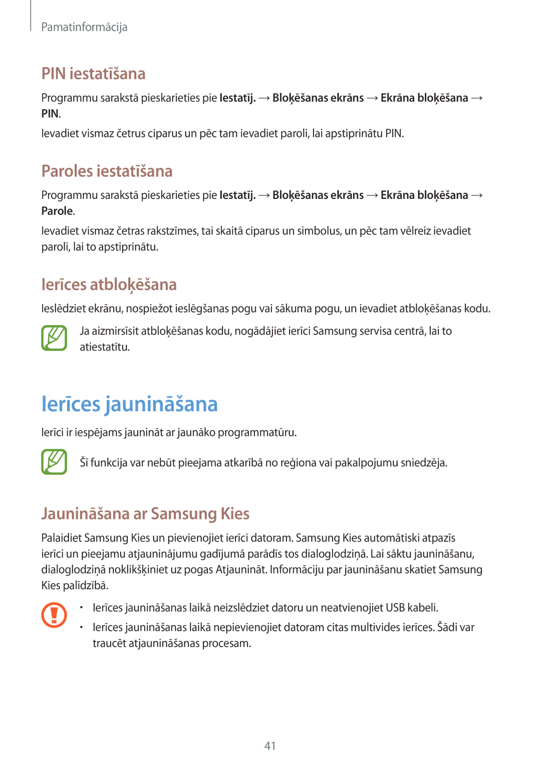 Samsung GT-I9082MBASEB, GT-I9082EWASEB manual Ierīces jaunināšana, PIN iestatīšana, Paroles iestatīšana, Ierīces atbloķēšana 