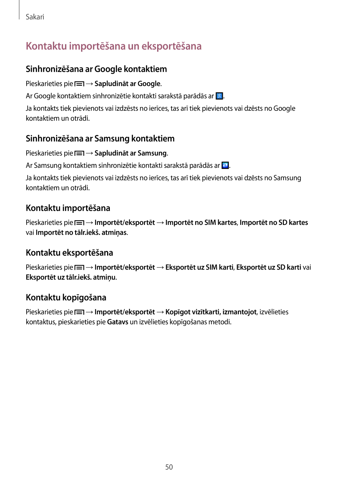 Samsung GT-I9082EWASEB, GT-I9082MBASEB manual Kontaktu importēšana un eksportēšana 