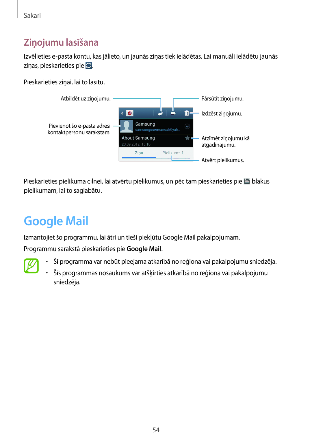 Samsung GT-I9082EWASEB, GT-I9082MBASEB manual Google Mail, Ziņojumu lasīšana 