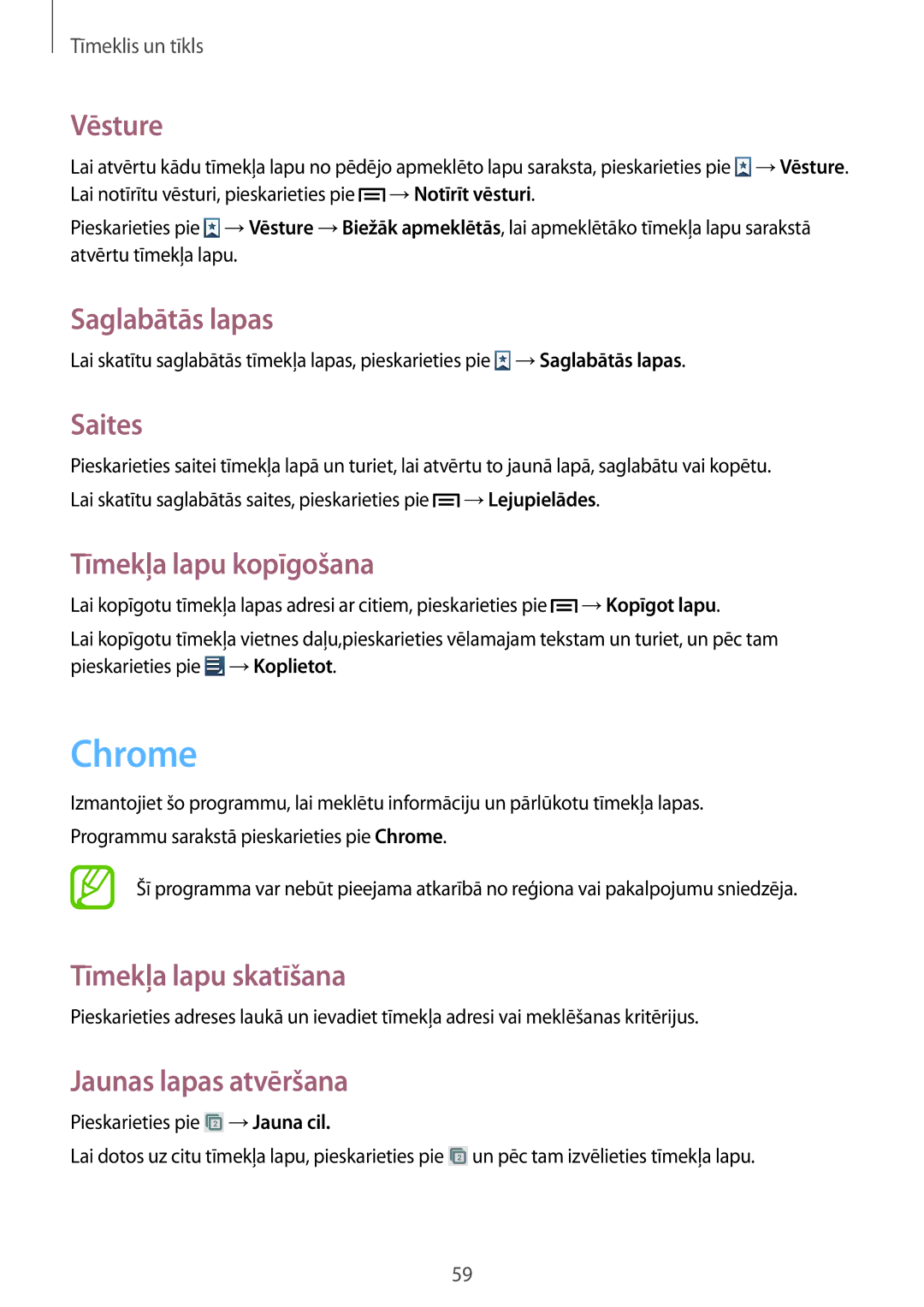 Samsung GT-I9082MBASEB, GT-I9082EWASEB manual Chrome, Vēsture, Saglabātās lapas, Saites, Tīmekļa lapu kopīgošana 