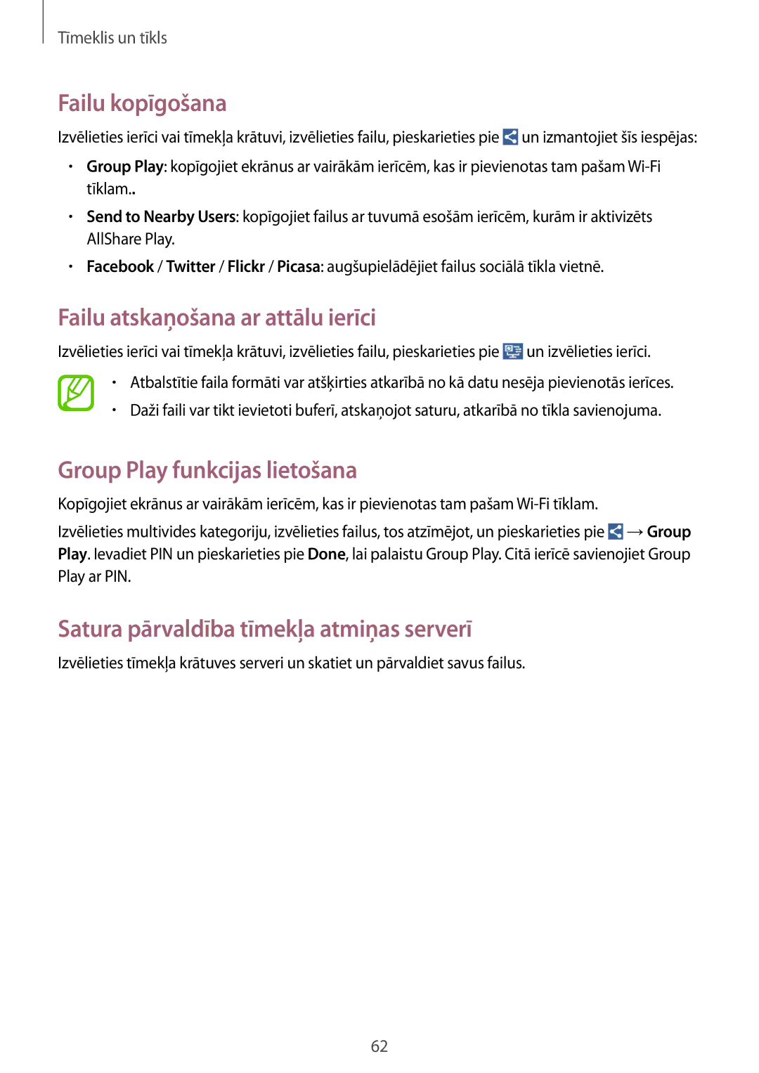 Samsung GT-I9082EWASEB manual Failu kopīgošana, Failu atskaņošana ar attālu ierīci, Group Play funkcijas lietošana 