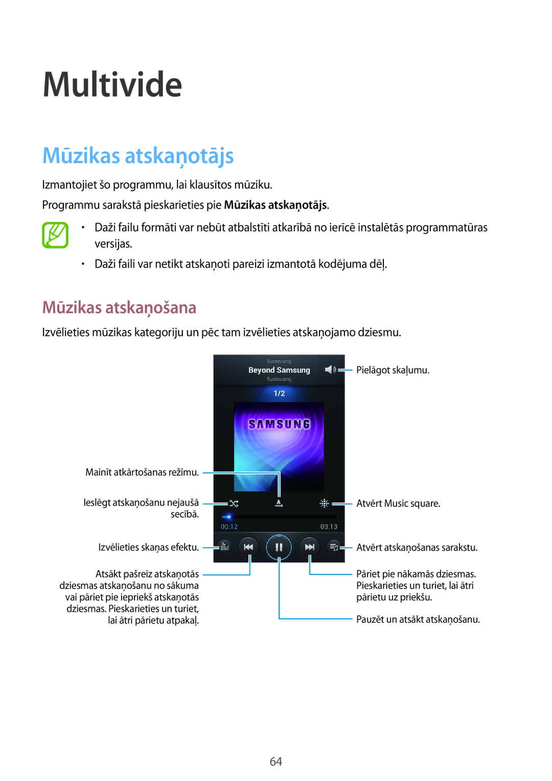 Samsung GT-I9082EWASEB, GT-I9082MBASEB manual Multivide, Mūzikas atskaņotājs, Mūzikas atskaņošana 