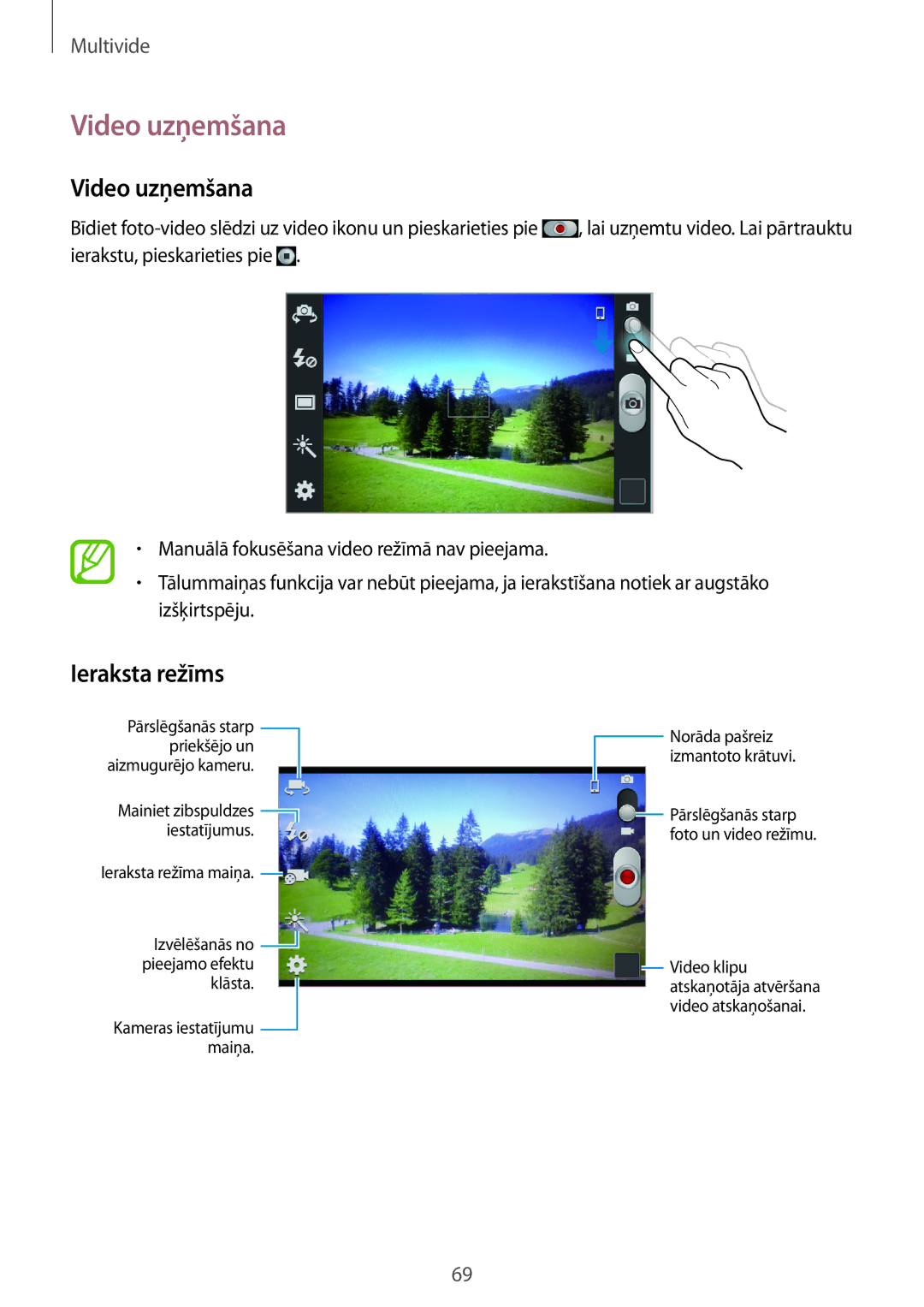 Samsung GT-I9082MBASEB, GT-I9082EWASEB manual Video uzņemšana, Ieraksta režīms 