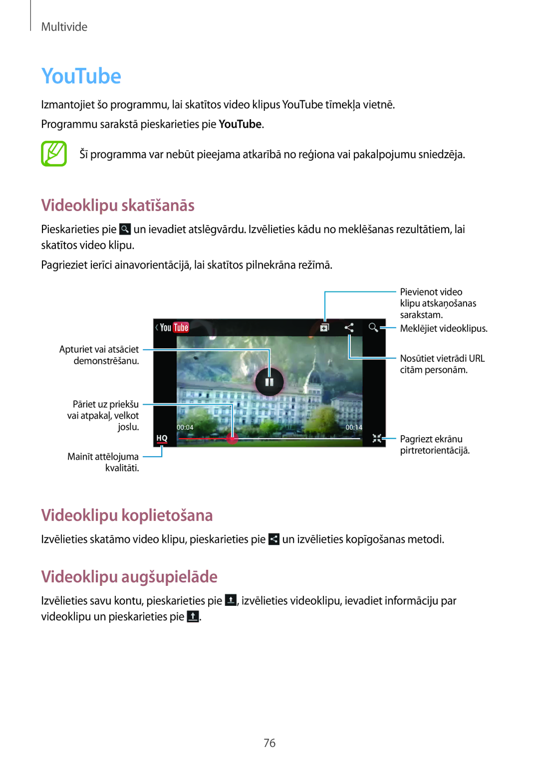 Samsung GT-I9082EWASEB, GT-I9082MBASEB manual YouTube, Videoklipu skatīšanās, Videoklipu augšupielāde 