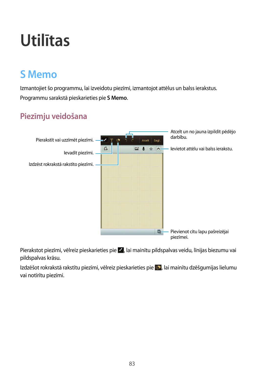 Samsung GT-I9082MBASEB, GT-I9082EWASEB manual Utilītas, Memo, Piezīmju veidošana 
