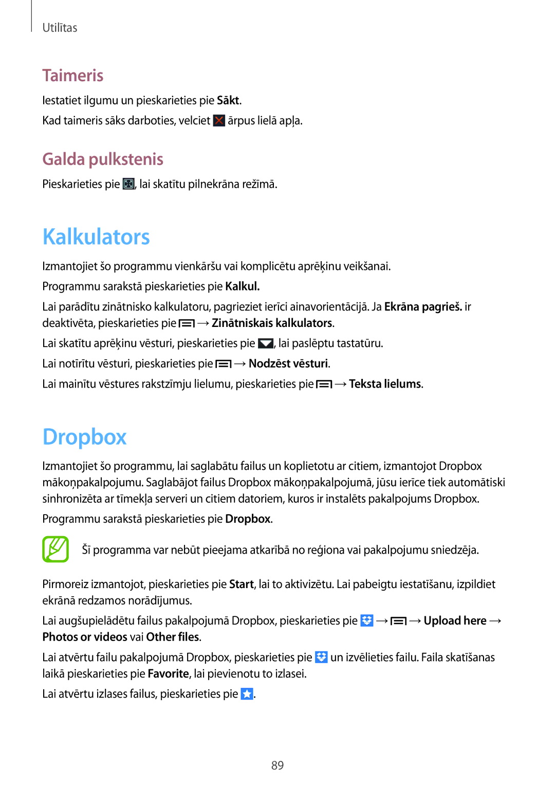 Samsung GT-I9082MBASEB, GT-I9082EWASEB manual Kalkulators, Dropbox, Taimeris, Galda pulkstenis 