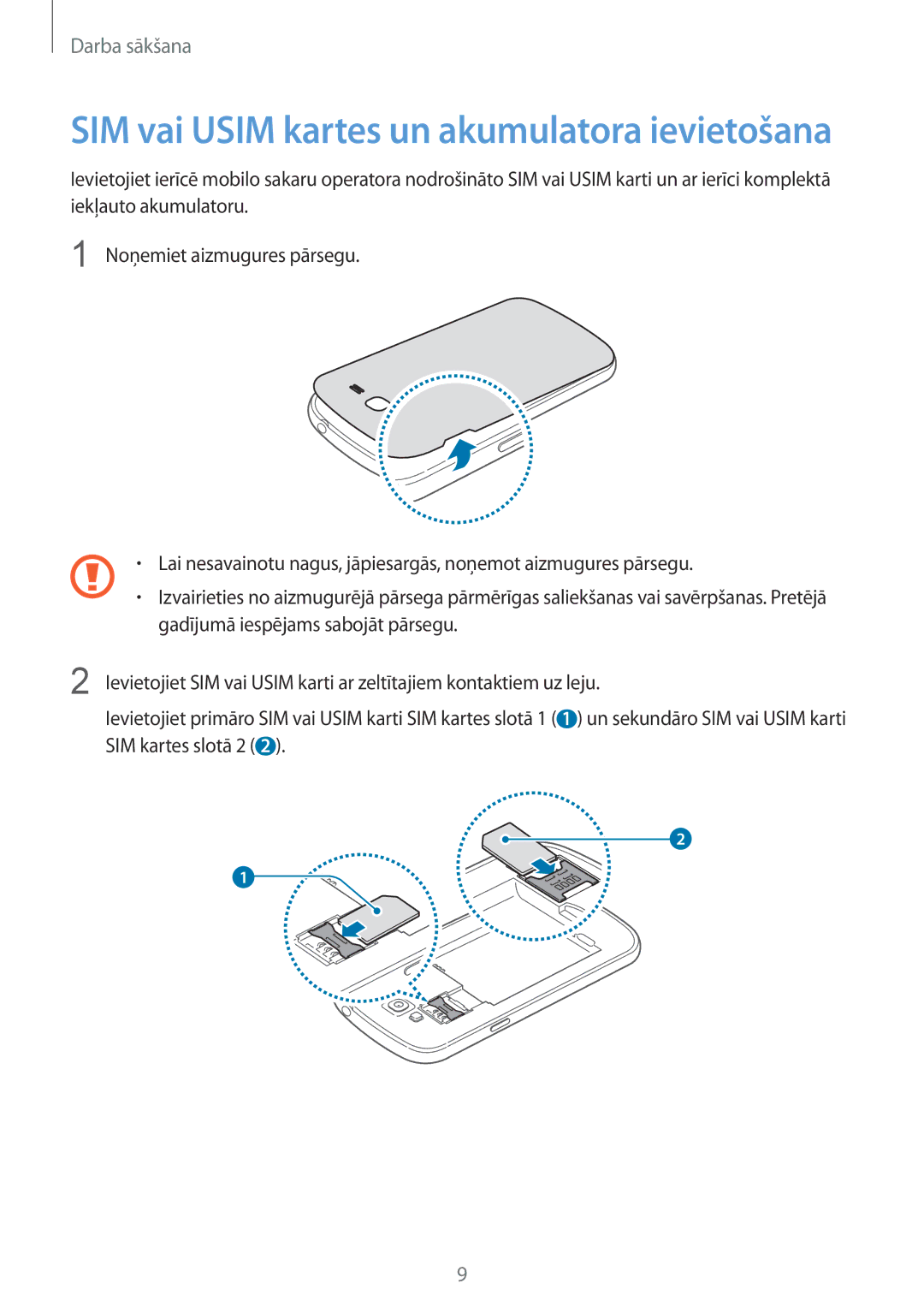 Samsung GT-I9082MBASEB, GT-I9082EWASEB manual SIM vai Usim kartes un akumulatora ievietošana 