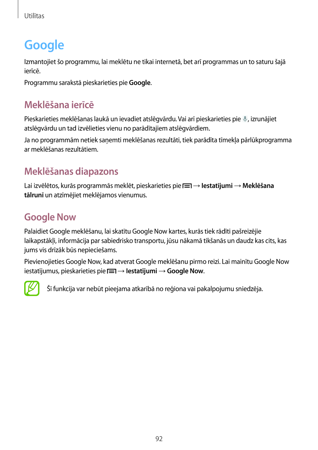 Samsung GT-I9082EWASEB, GT-I9082MBASEB manual Meklēšana ierīcē, Meklēšanas diapazons, Google Now 