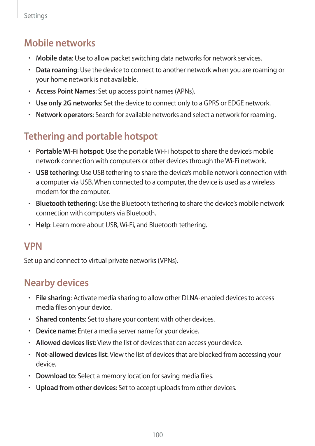 Samsung GT-I9082EWAMID, GT-I9082EWAXEF, GT-I9082MBABGL manual Mobile networks, Tethering and portable hotspot, Nearby devices 