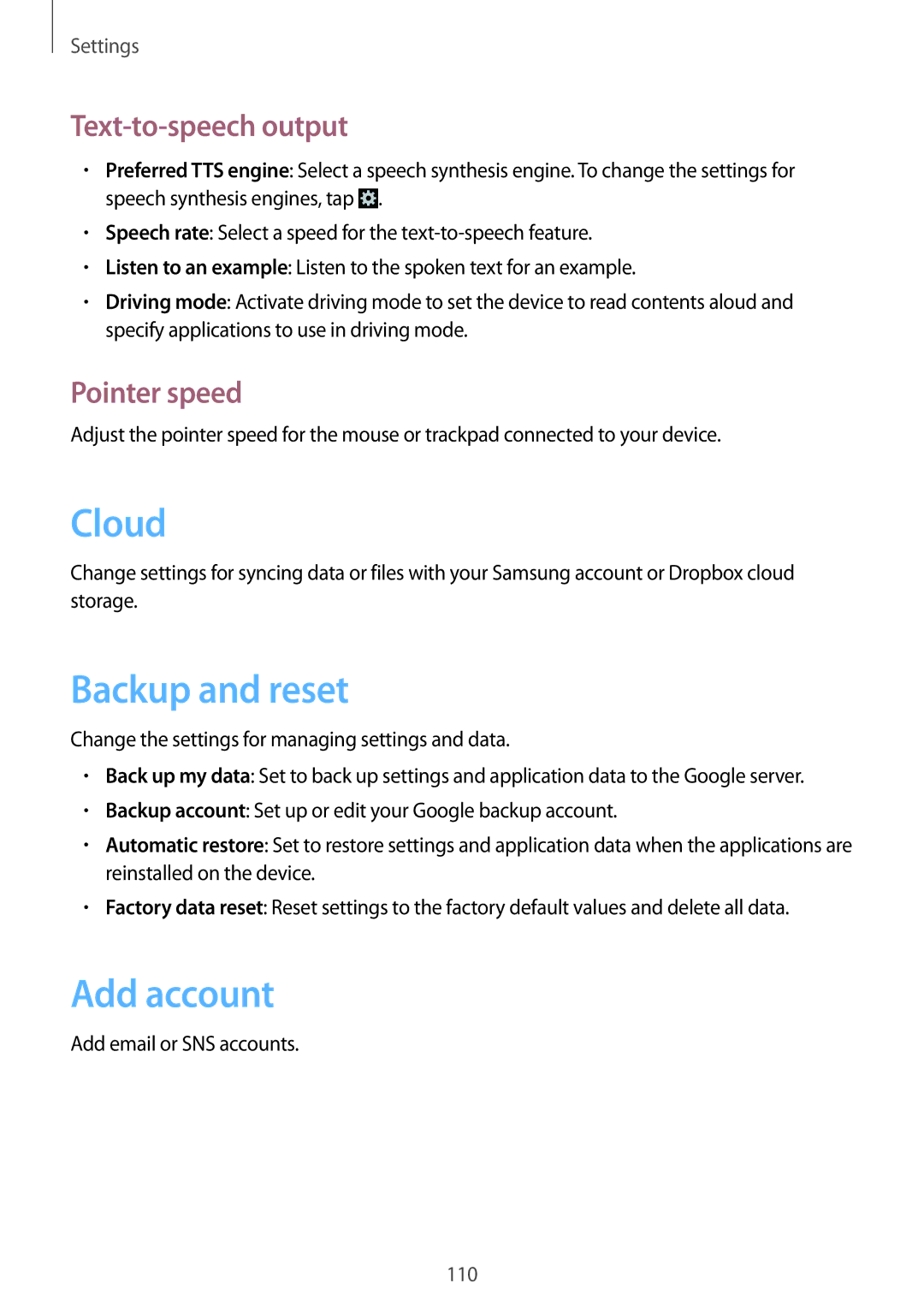 Samsung GT-I9082EWAORX, GT-I9082EWAXEF manual Cloud, Backup and reset, Add account, Text-to-speech output, Pointer speed 