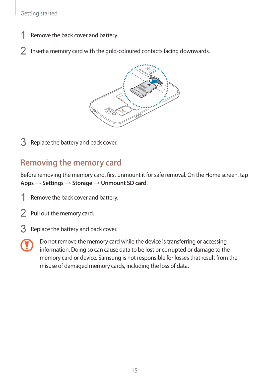 Samsung GT-I9082EWAJED, GT-I9082EWAXEF, GT-I9082MBABGL, GT-I9082EWAMWD, GT-I9082EWABGL manual Removing the memory card 