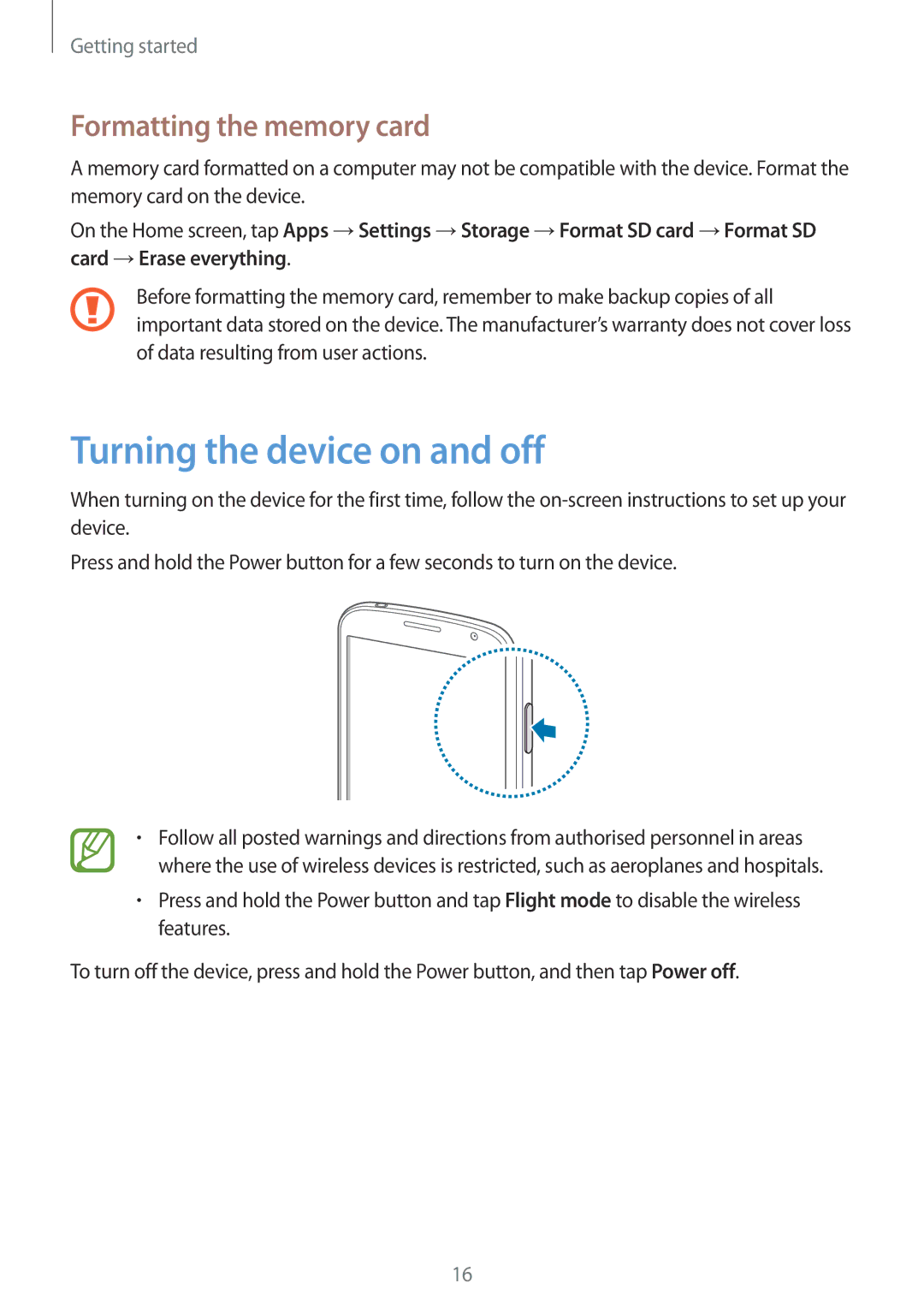 Samsung GT-I9082EWAKSA, GT-I9082EWAXEF, GT-I9082MBABGL manual Turning the device on and off, Formatting the memory card 