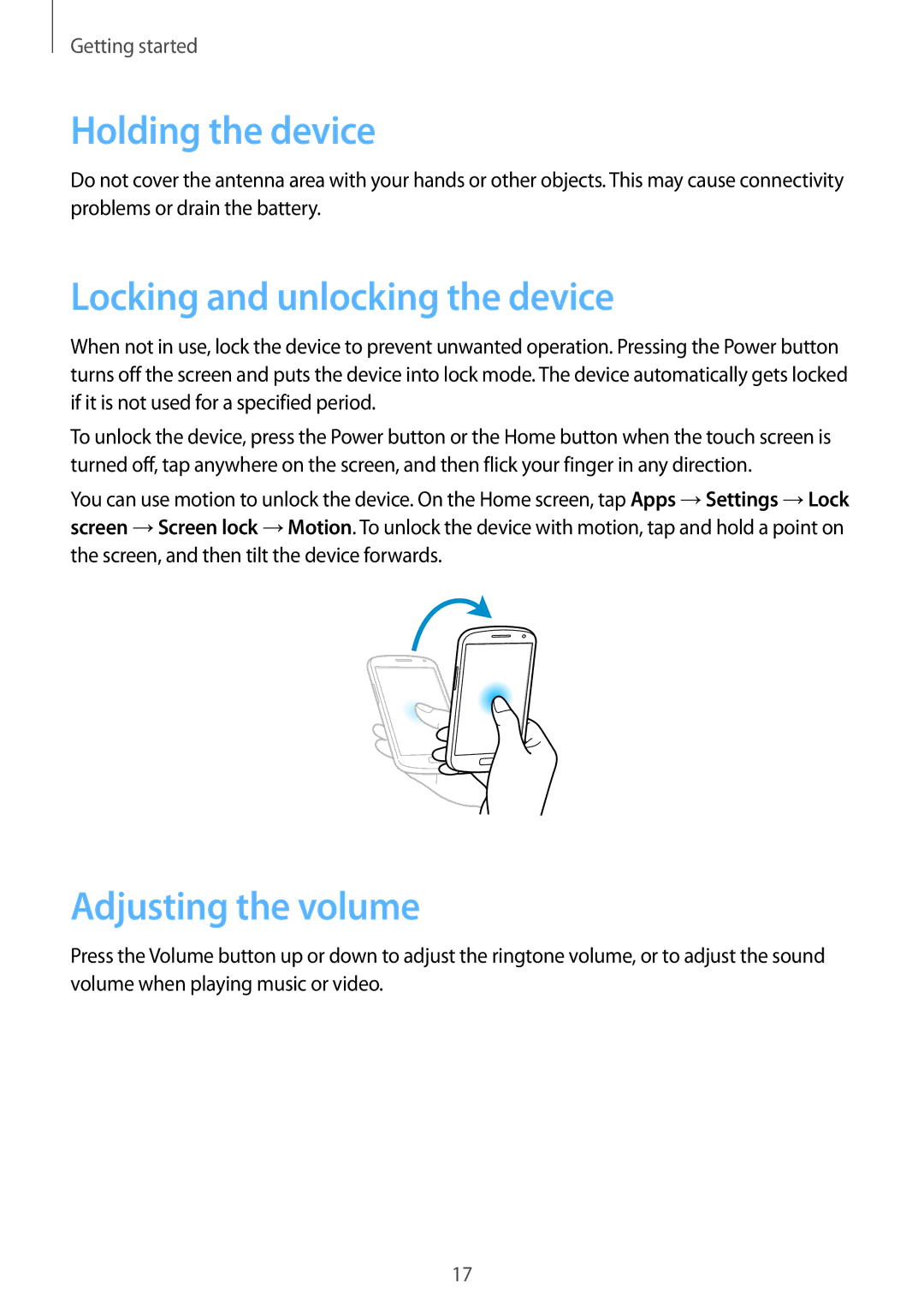 Samsung GT-I9082MBAKSA, GT-I9082EWAXEF manual Holding the device, Locking and unlocking the device, Adjusting the volume 