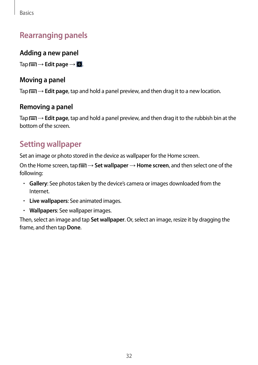 Samsung GT-I9082EWABGL manual Rearranging panels, Setting wallpaper, Adding a new panel, Moving a panel, Removing a panel 