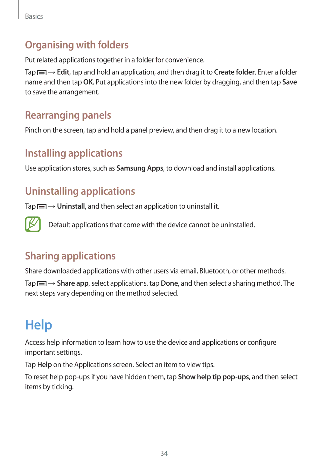Samsung GT-I9082EWAPHE, GT-I9082EWAXEF Help, Organising with folders, Installing applications, Uninstalling applications 