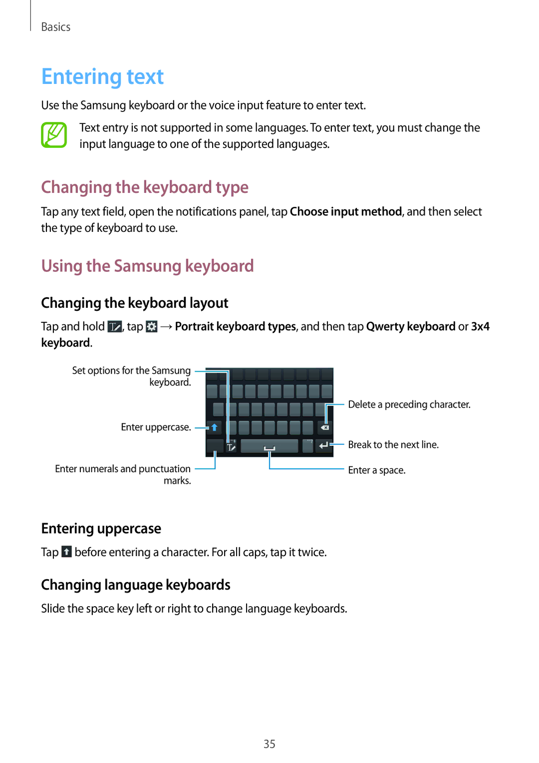 Samsung GT-I9082MBAPHE, GT-I9082EWAXEF manual Entering text, Changing the keyboard type, Using the Samsung keyboard 