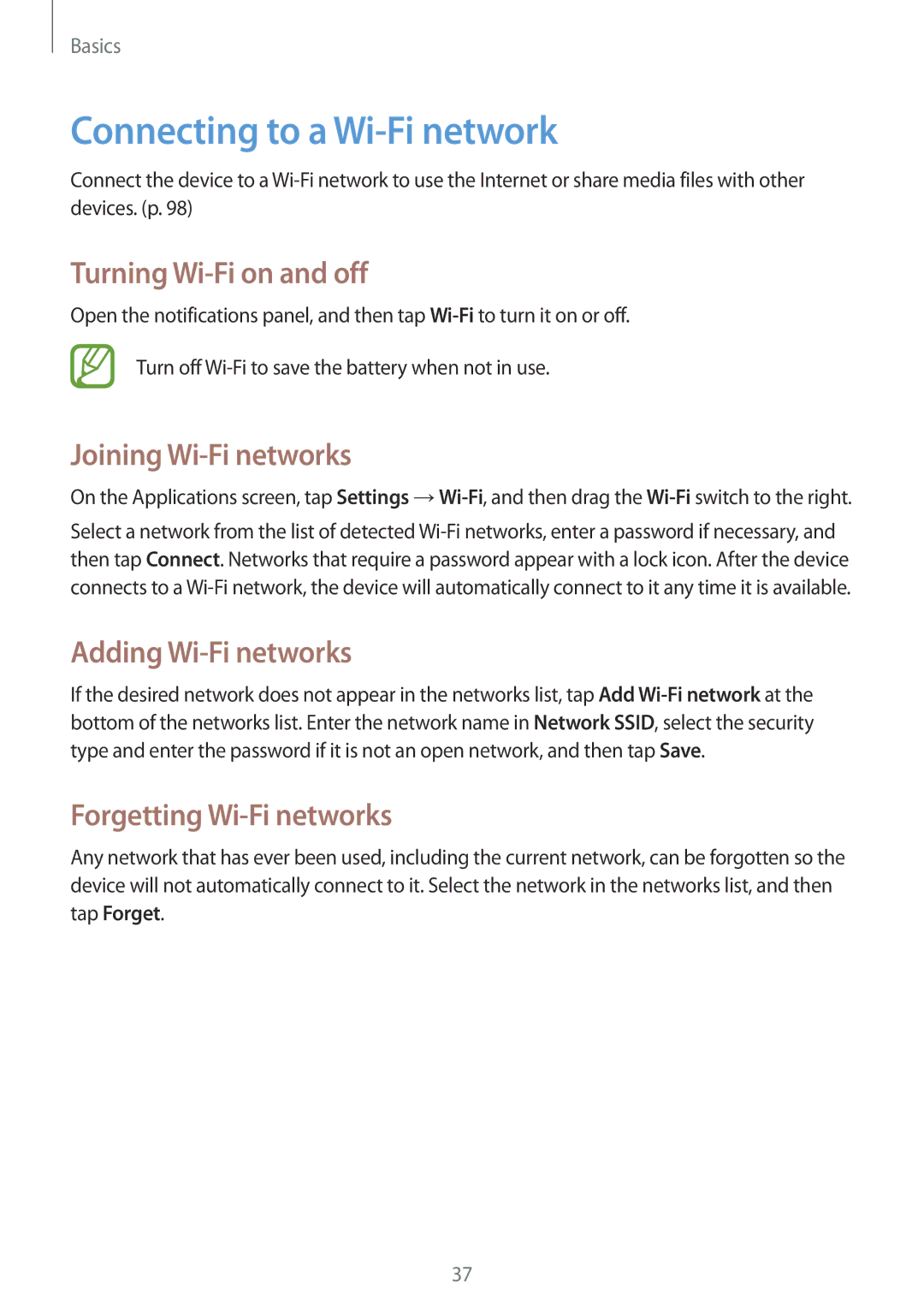 Samsung GT-I9082EWACOA, GT-I9082EWAXEF Connecting to a Wi-Fi network, Turning Wi-Fi on and off, Joining Wi-Fi networks 