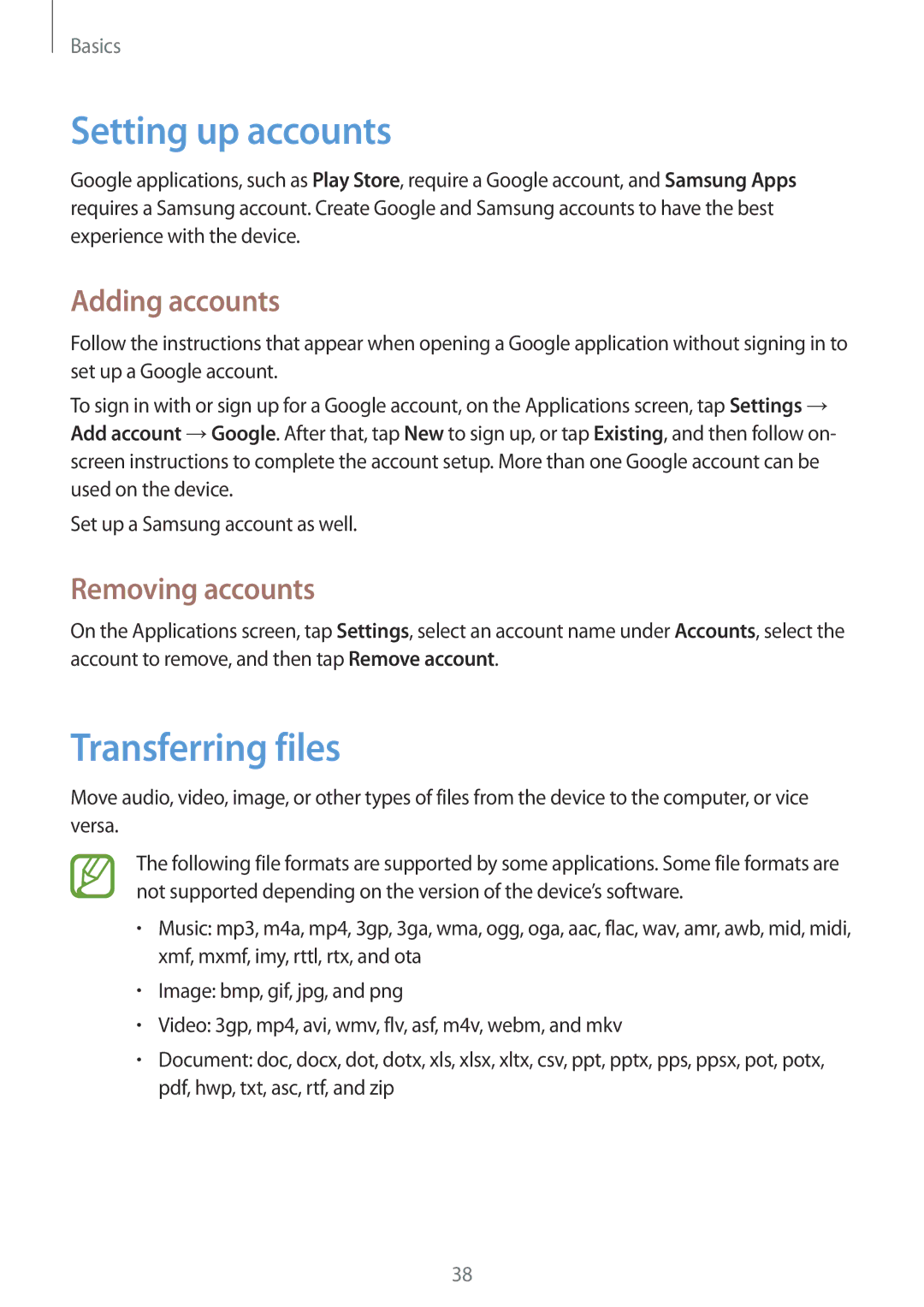 Samsung GT-I9082EWATPH, GT-I9082EWAXEF manual Setting up accounts, Transferring files, Adding accounts, Removing accounts 